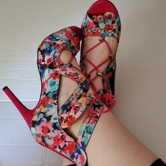 STILETTO HEELS PUMPS SHOES Pink Floral Peep Toe Lace Up Qupid Women's WOMAN'S 10 - Picture 15 of 16
